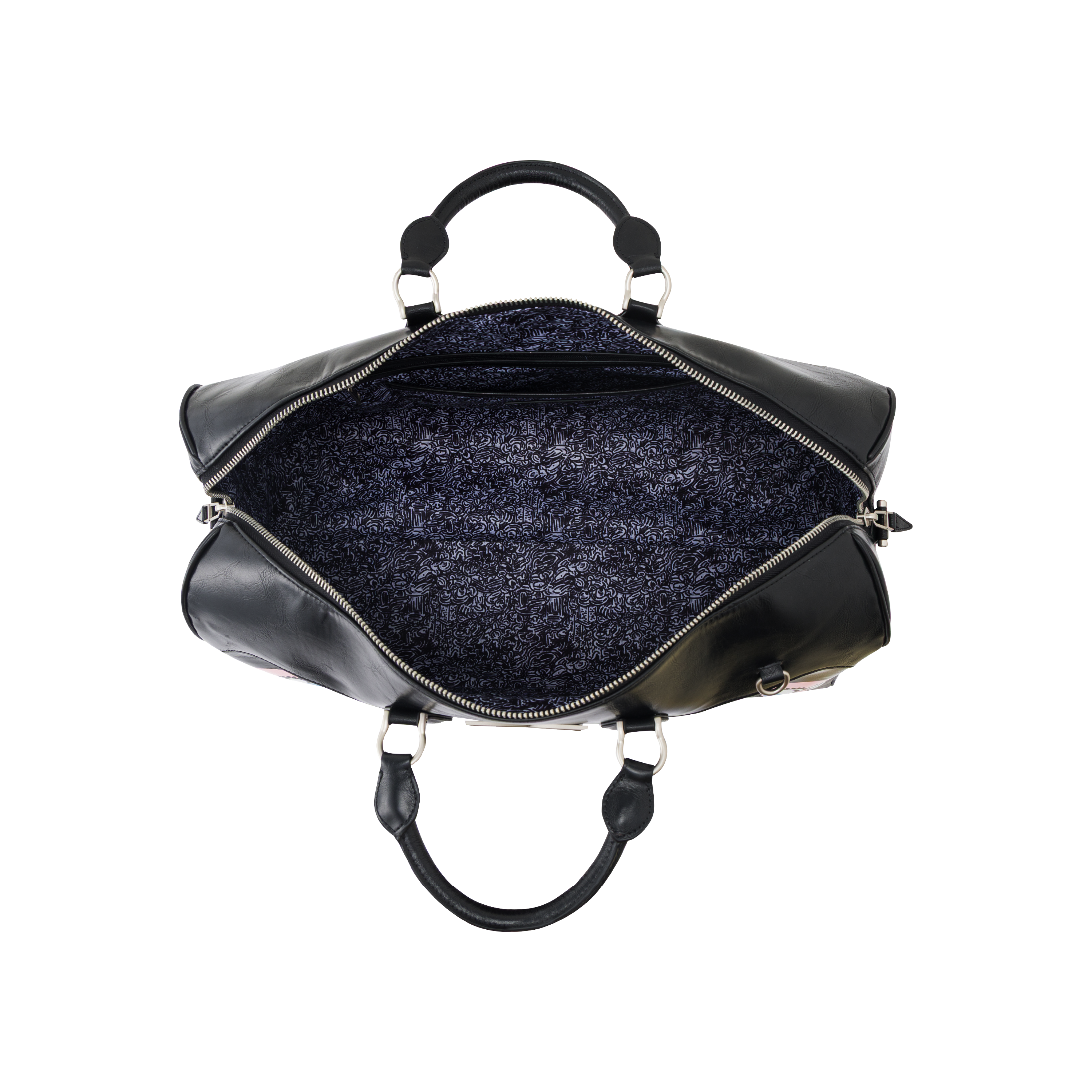 Black leather handbag with open front showing interior on a white background